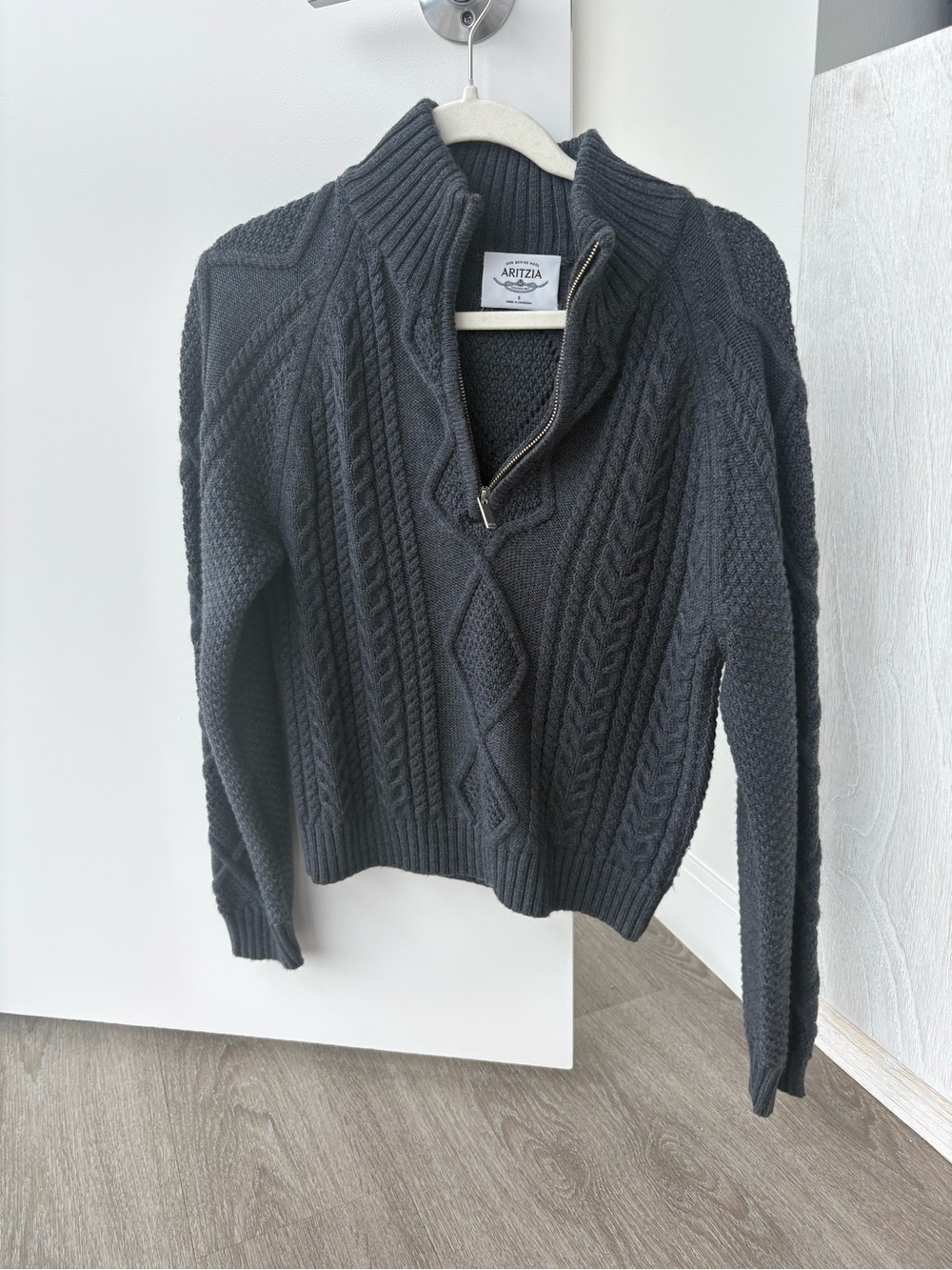 Aritzia Womens heritage wool Dark Charcoal Cable-Knit Half-Zip Sweater